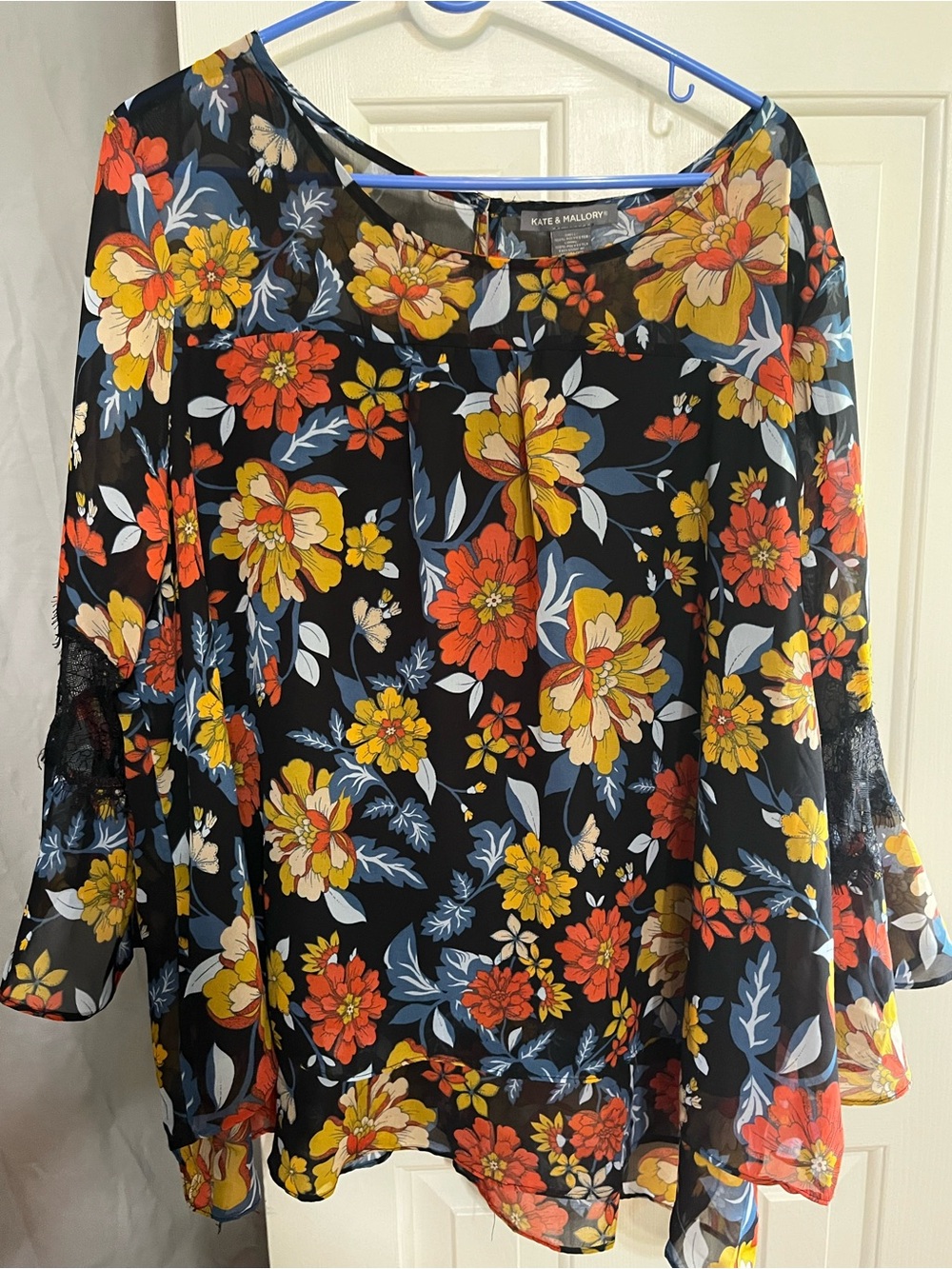 Kate & Mallory Black Floral Blouse with Yellow and Orange Blooms